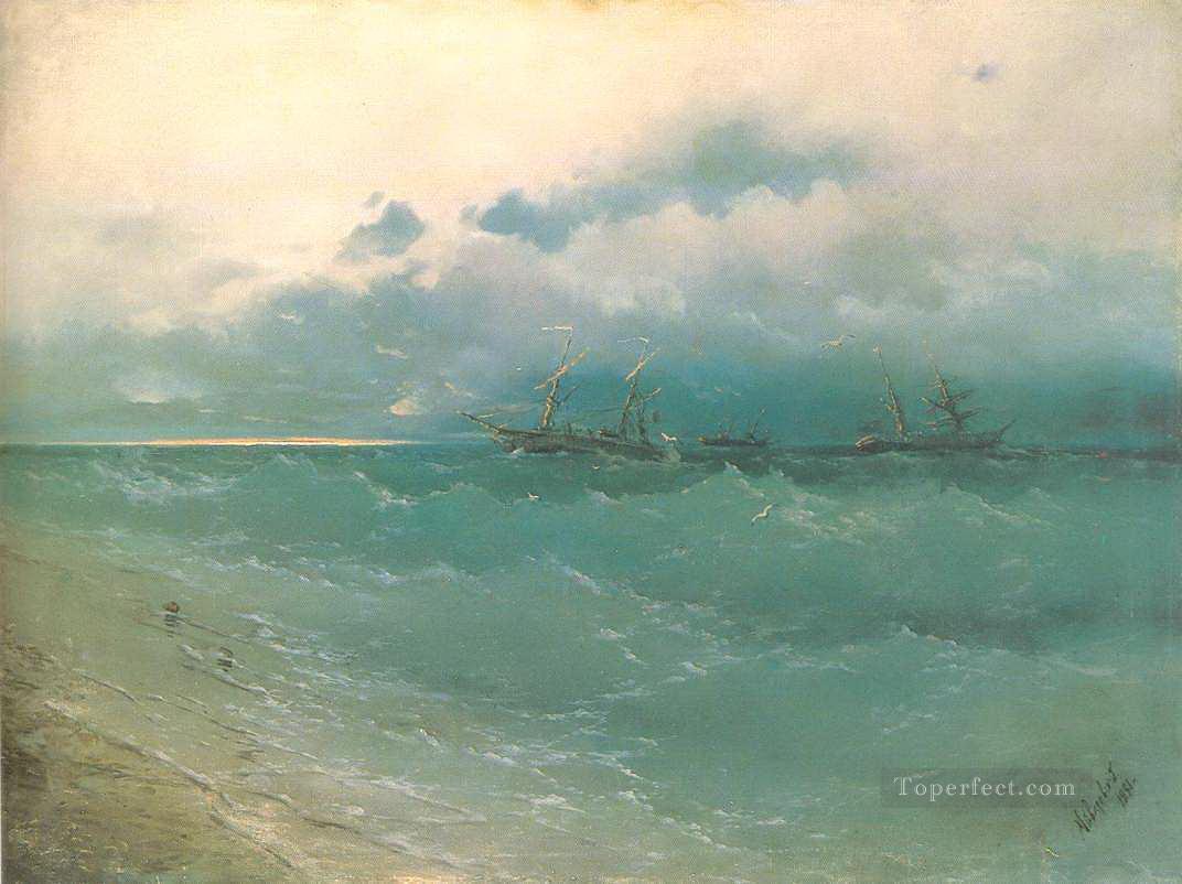 the ships on rough sea sunrise 1871 Romantic Ivan Aivazovsky Russian Oil Paintings